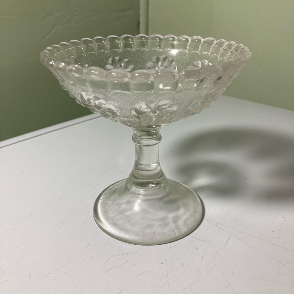 Vintage Clear Glass Pedestal Compote Candy Dish Chalice Floral Scalloped